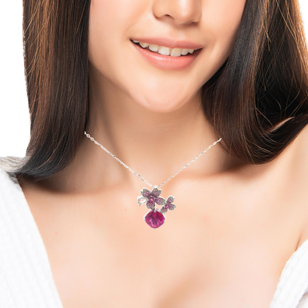 Shop online premium rhodium plated pink sapphire necklace with sparkling cubic zirconia stones.