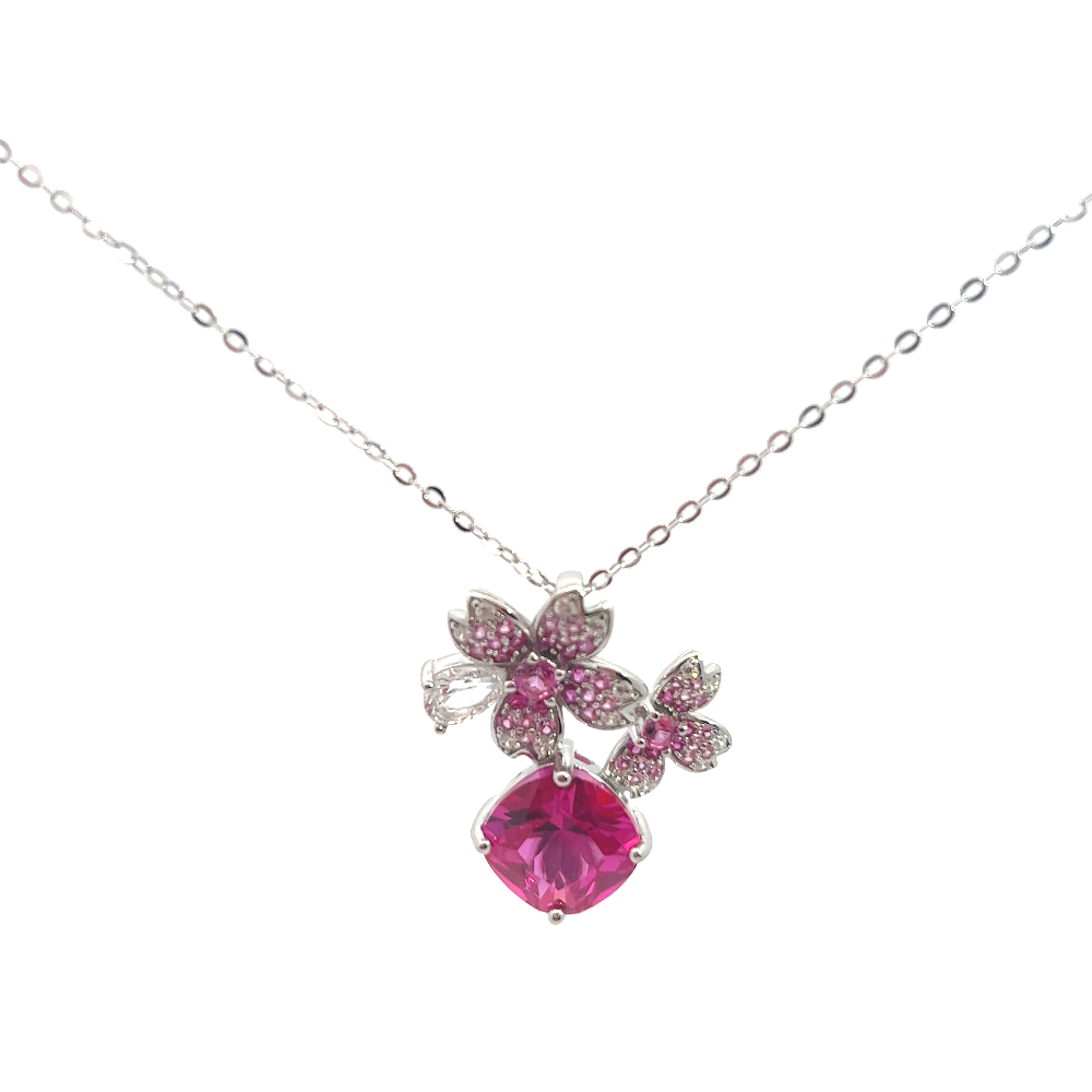 Shop online premium rhodium plated pink sapphire necklace with sparkling cubic zirconia stones.