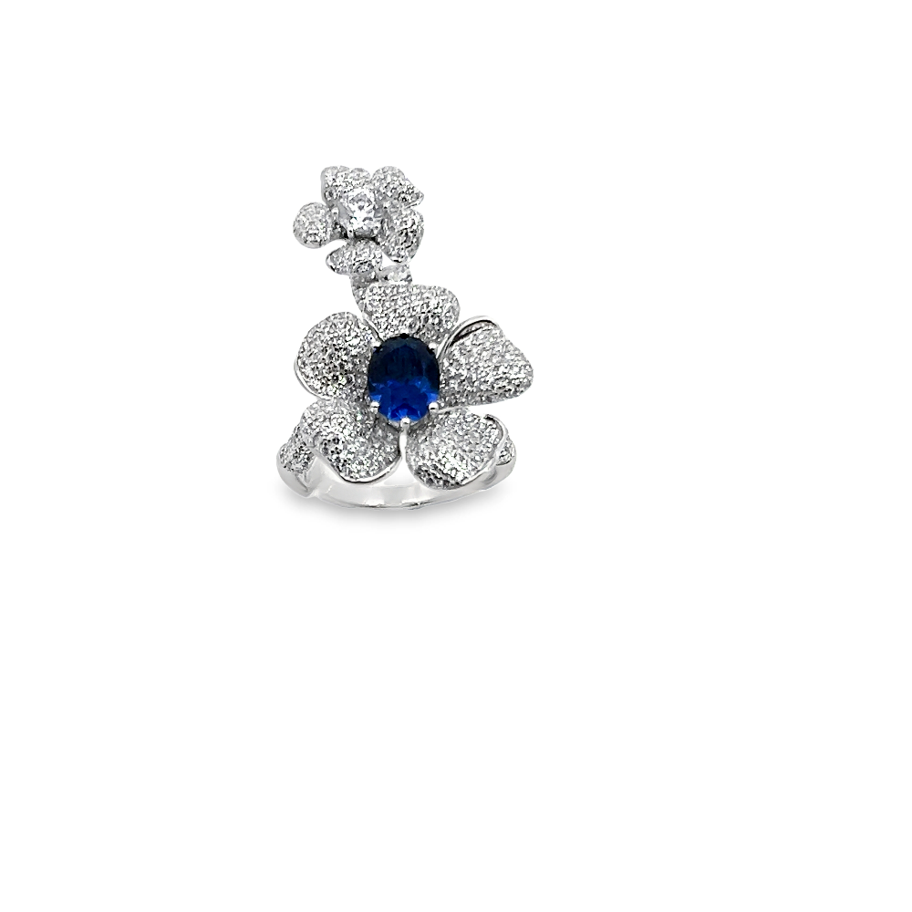 Shop online premium rhodium plated flower ring with blue sapphire & cubic zirconia stones.