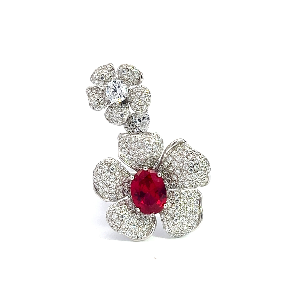 Shop online premium rhodium plated flower ring with ruby & cubic zirconia stones in silver.
