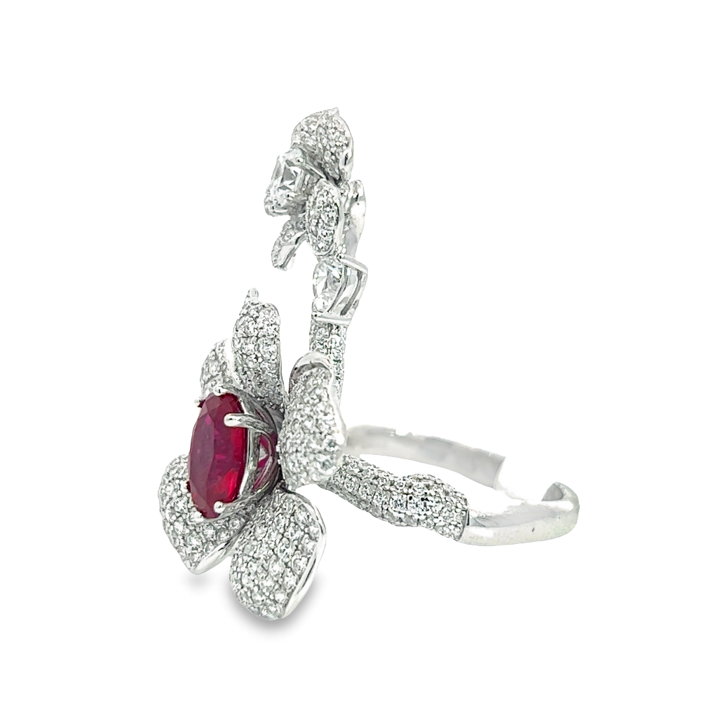 Shop online premium rhodium plated flower ring with ruby & cubic zirconia stones in silver.
