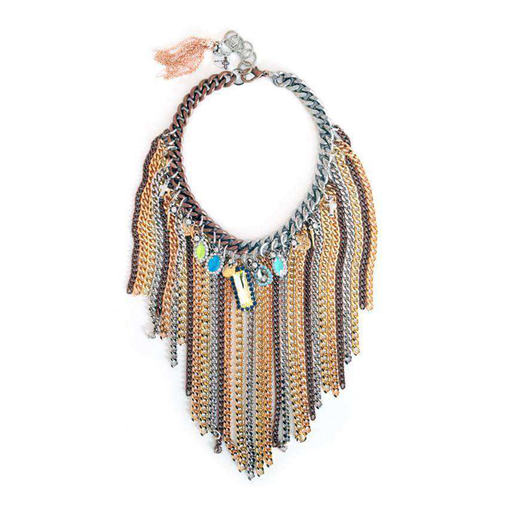 Handmade fringe necklace with Swarovski crystals, charms and burnished gold. 