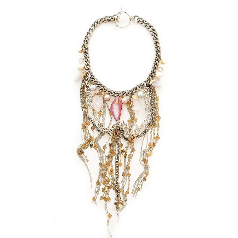 Fringe necklace with pink agate, rose quartz, calcedony, pearls and charms.