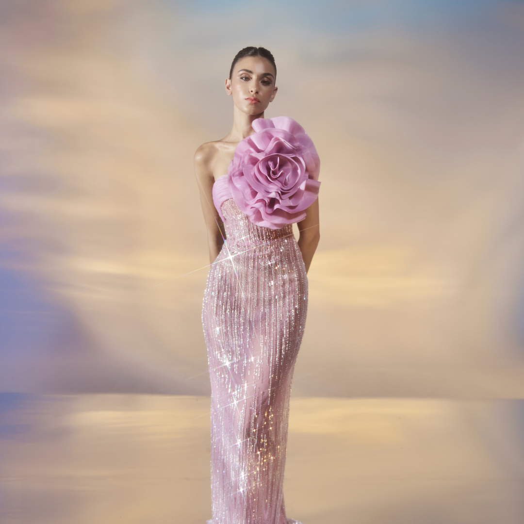 Fully beaded Lilac mermaid tulle dress decorated with an extravagant organza flower on the neckline.