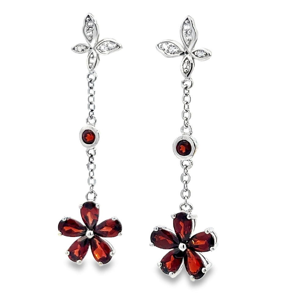 Shop online premium sterling silver garnet dangle earrings with sparkling cubic zirconia stones.
