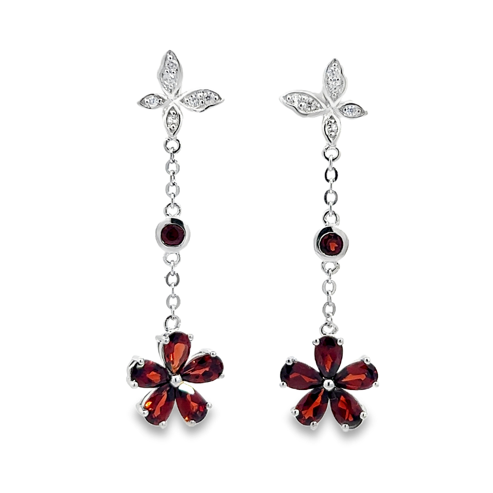 Shop online premium sterling silver garnet dangle earrings with sparkling cubic zirconia stones.