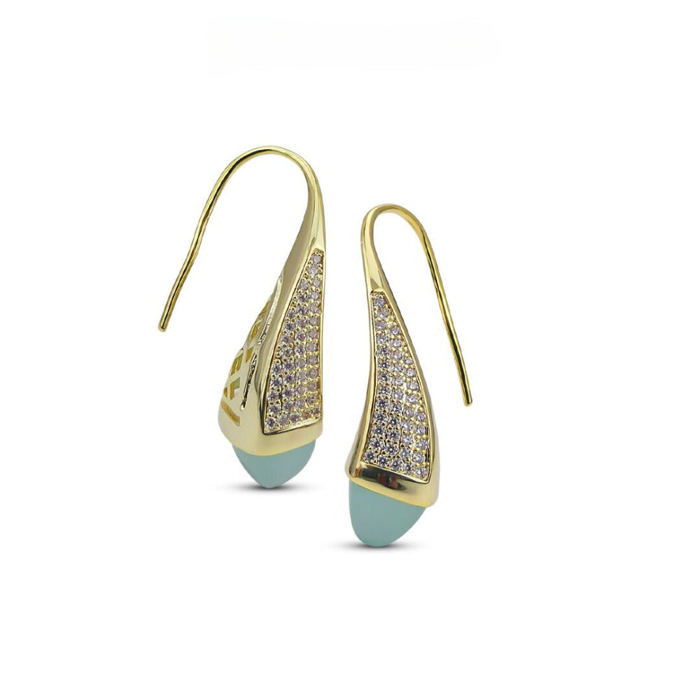 Shop online premium gold plated teardrop earrings with pyramidal crystal and sparkling cubic zirconia accents for elegant everyday styling.