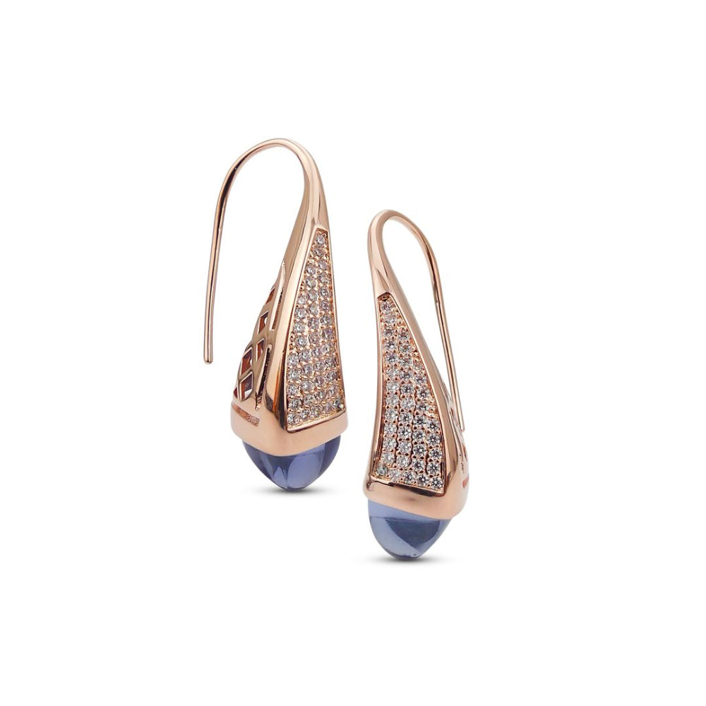 Shop online premium rose gold plated teardrop earrings with pyramidal crystal and sparkling cubic zirconia accents for elegant everyday styling.