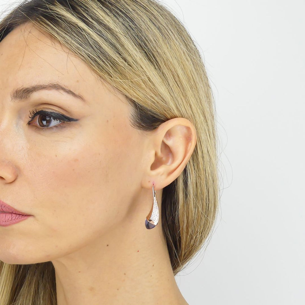 Shop online premium rose gold plated teardrop earrings with pyramidal crystal and sparkling cubic zirconia accents for elegant everyday styling.