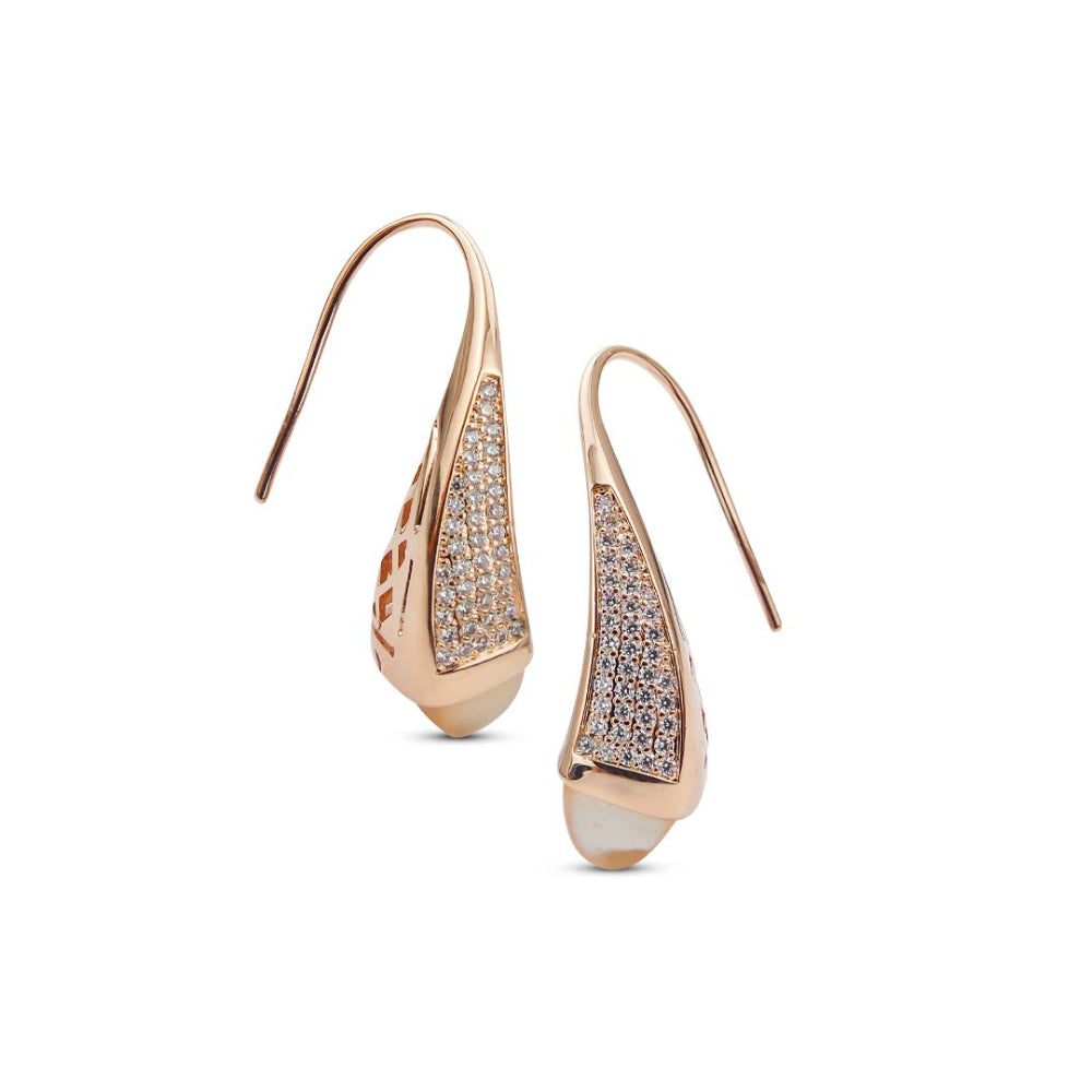 Shop online premium rose gold plated teardrop earrings with pyramidal crystal and sparkling cubic zirconia accents for elegant everyday styling.