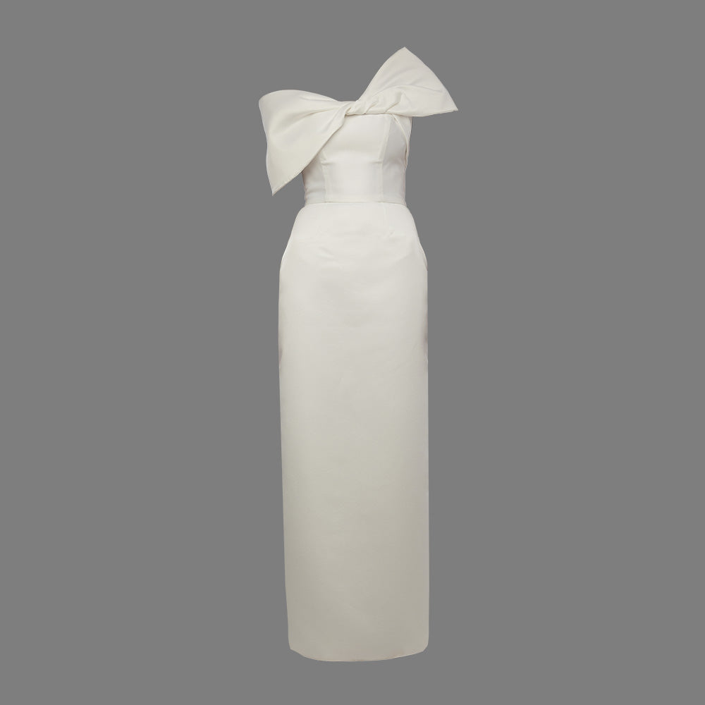 Explore our curation of timeless evening gowns with white strapless dress with a white shoulder bow that showcases an elegant silhouette. Shop now!