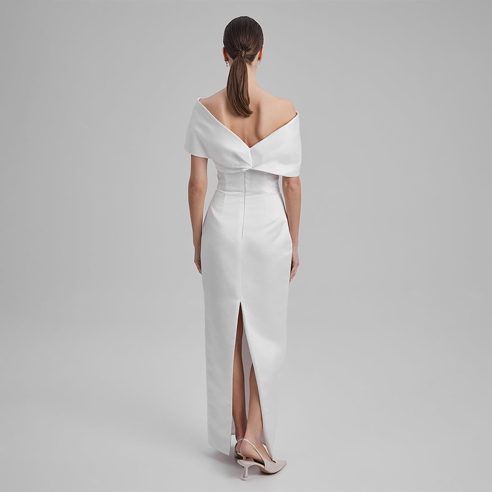 Explore our curation of timeless evening gowns with white strapless dress with a white shoulder bow that showcases an elegant silhouette. Shop now!