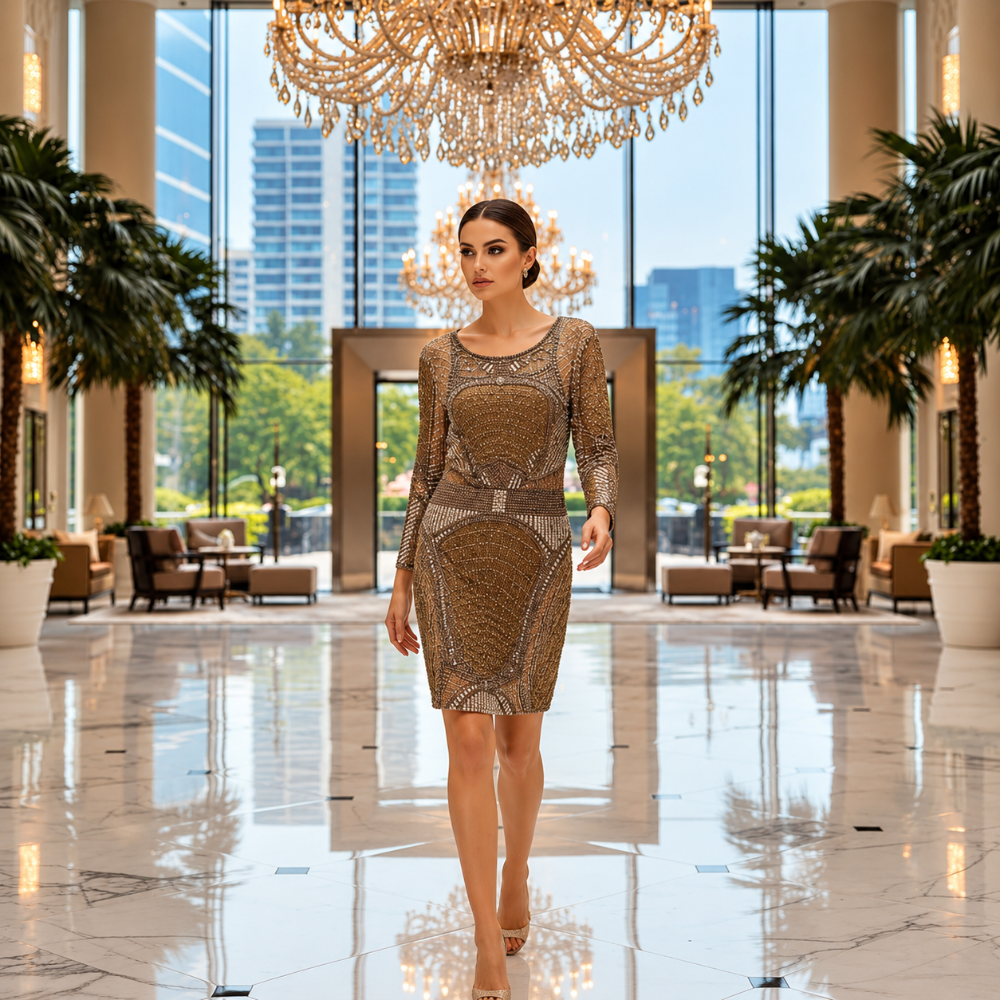 Shop online from our exclusive website. Discover the Gigi fitted cocktail dress featuring gold and silver embellishments, elegant long sleeves, and a sleek silhouette for evening parties and special occasions.
