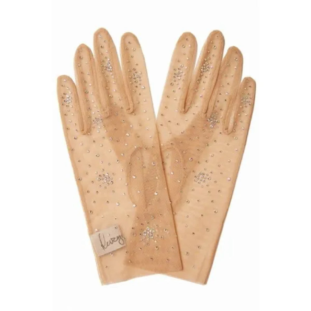 Beige gloves from stretch net with salute crystals. A wardrobe must have for every glove lover.