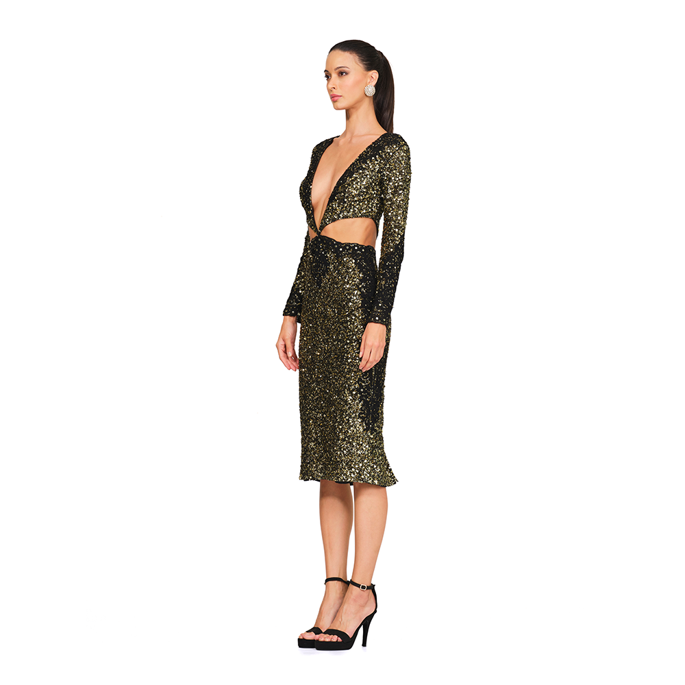 Gold Sequins l Hand embroidered Cord-work l Plunging Neckline l Waist Cutout l Knee length l Centre back zip closure.