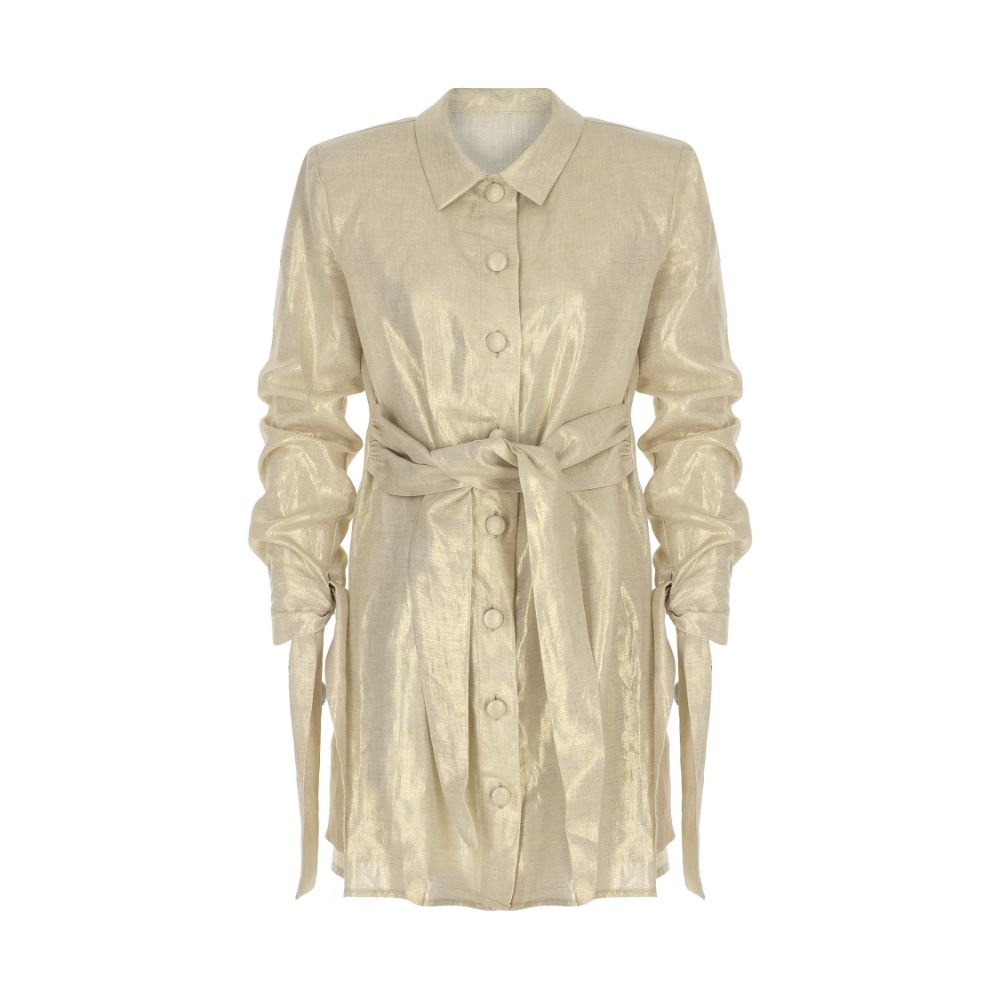 GOLD TIE-DETAILED LINEN MINI SHIRT DRESS 100% Linen