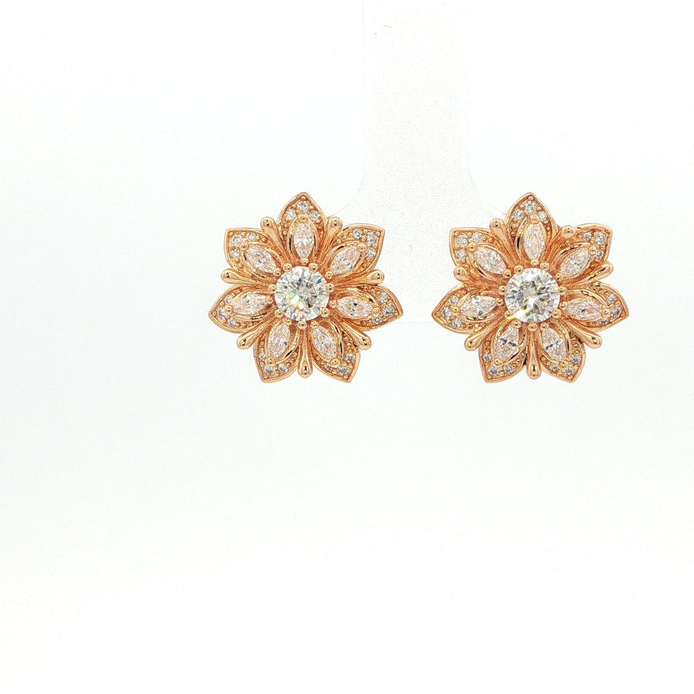 Shop online premium sterling silver flower stud earrings with moissanite and sparkling cubic zirconia stones.
