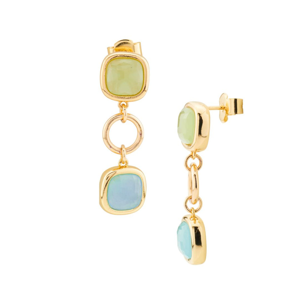 Shop online premium gold plated dangle earrings with green and aquamarine crystals separated by elegant circular module detailing.