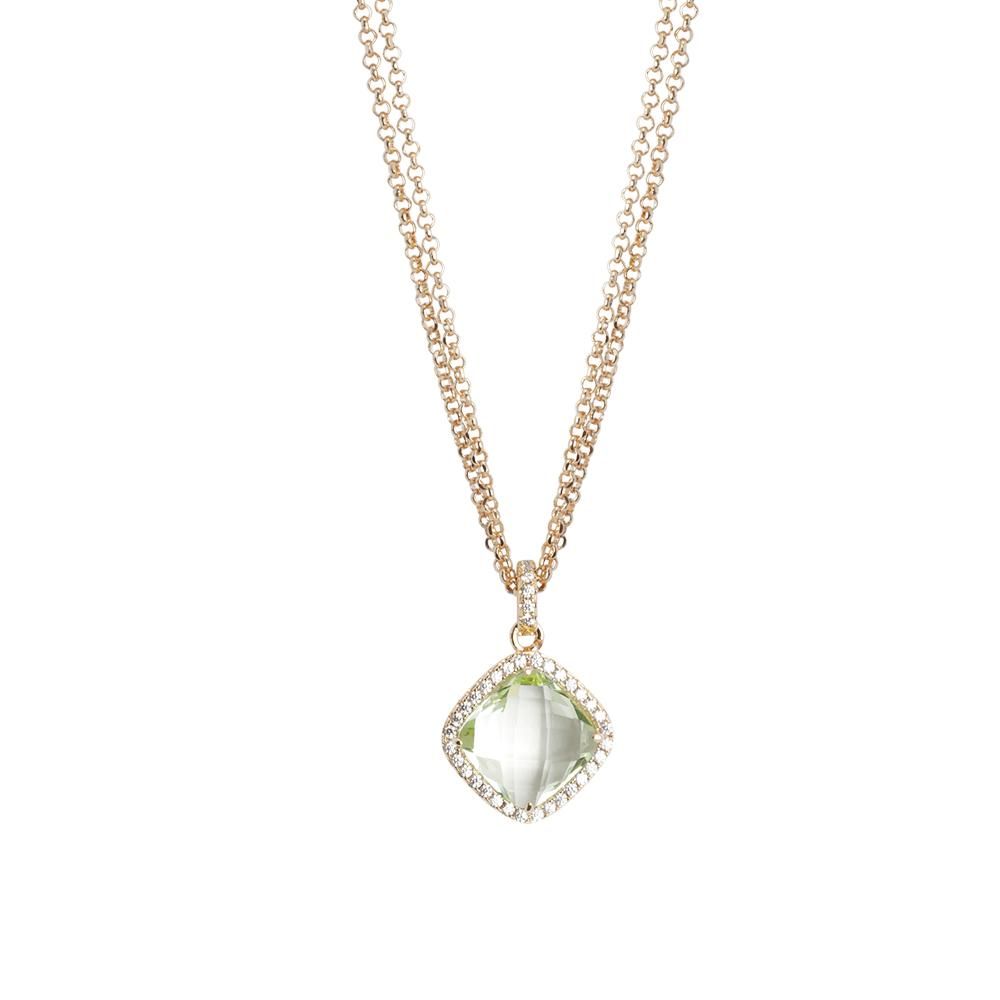 Shop online premium gold plated double chain necklace with chrysolite crystal and sparkling cubic zirconia details.