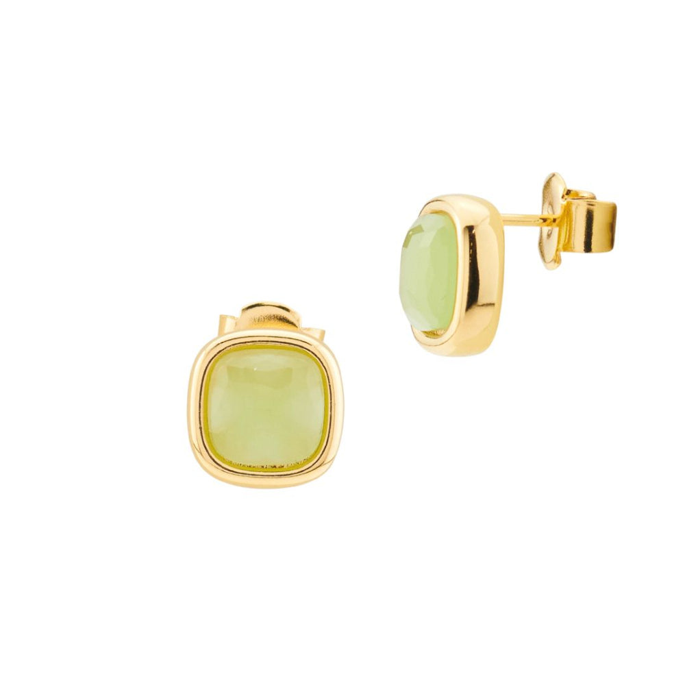 Shop online premium gold dangle earrings with soft green crystals and minimalist elegant design for everyday and evening styling.