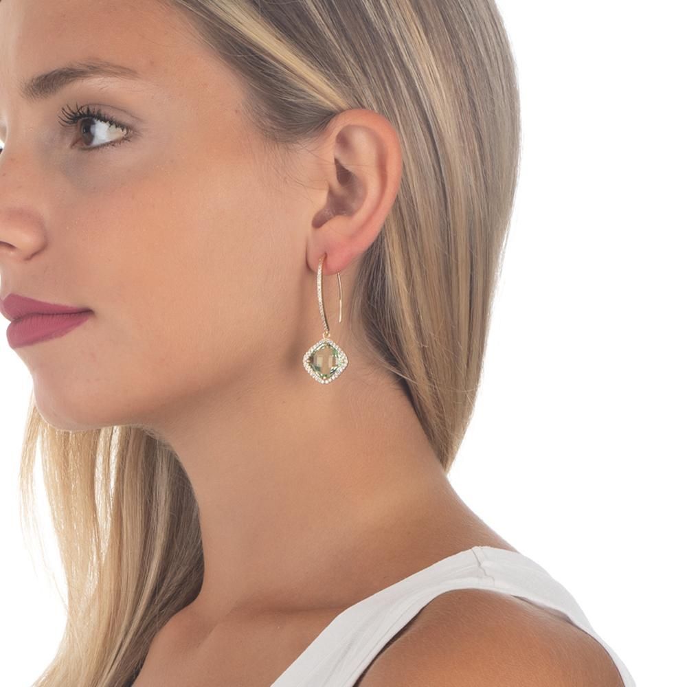 Shop online premium hook earrings with chrysolite briolette crystal and sparkling cubic zirconia halo detailing for elegant glamour.