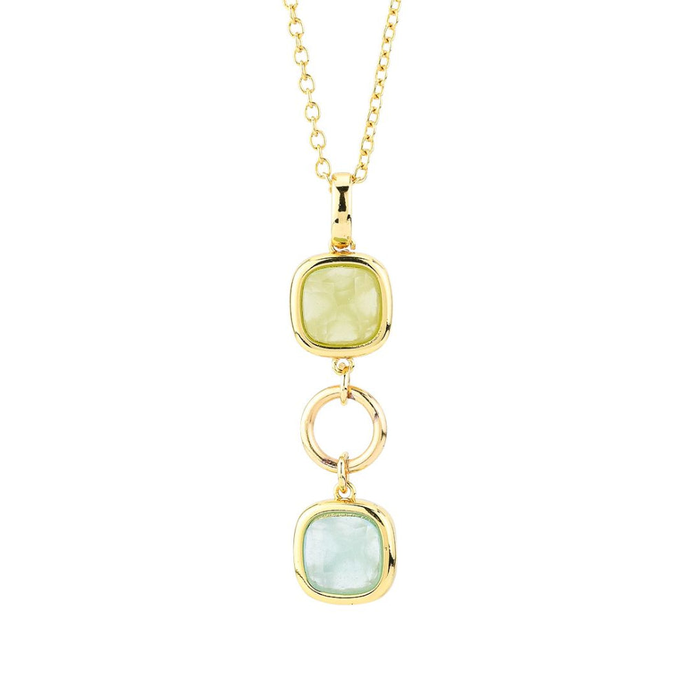 Shop online premium gold plated necklace with green and aquamarine crystals and circular module pendant design.