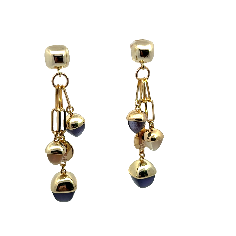 Shop online premium rose gold plated dangle earrings with pink quartz pyramidal crystal on elegant oval counter link detailing.