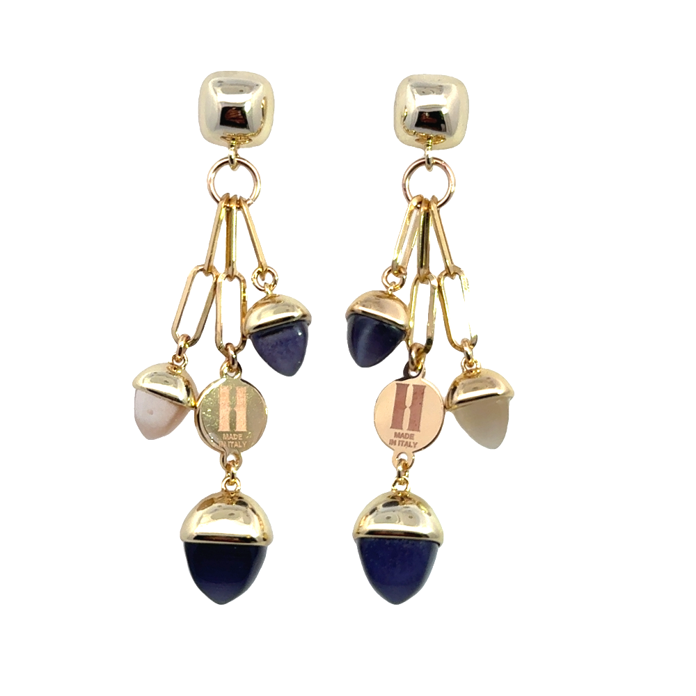 Shop online premium rose gold plated dangle earrings with pink quartz pyramidal crystal on elegant oval counter link detailing.
