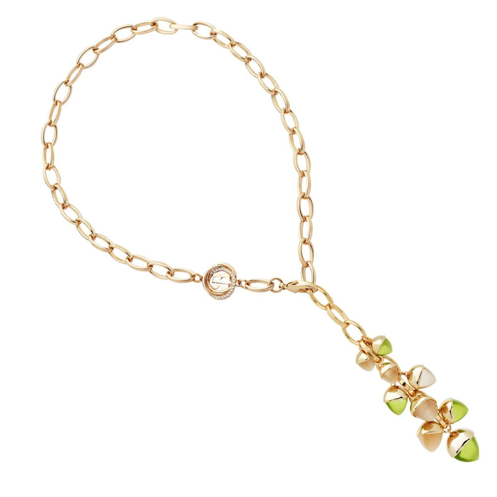 Shop online premium gold plated Y necklace with moonstone and olivine pyramidal crystals on a paper clip chain.