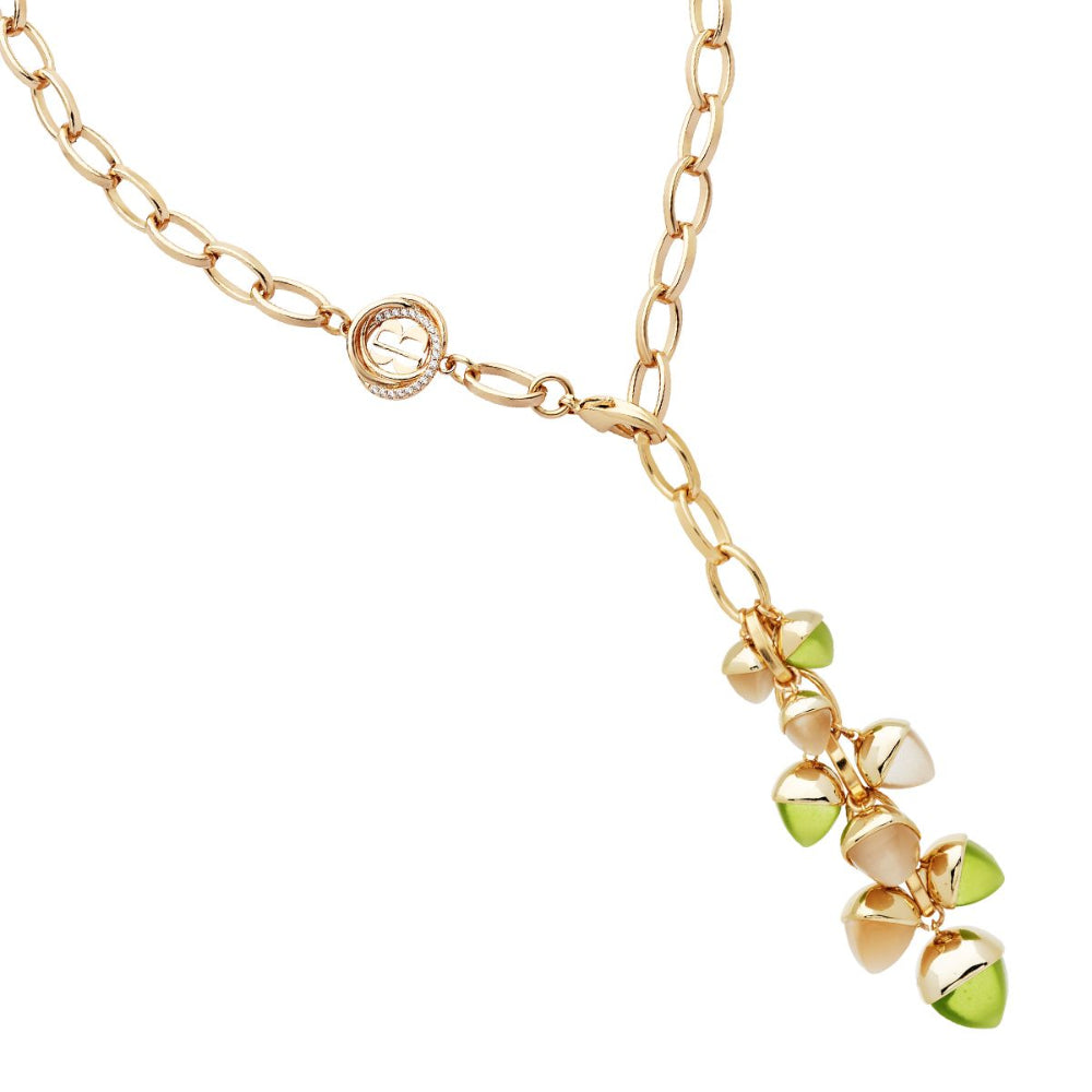 Shop online premium gold plated Y necklace with moonstone and olivine pyramidal crystals on a paper clip chain.