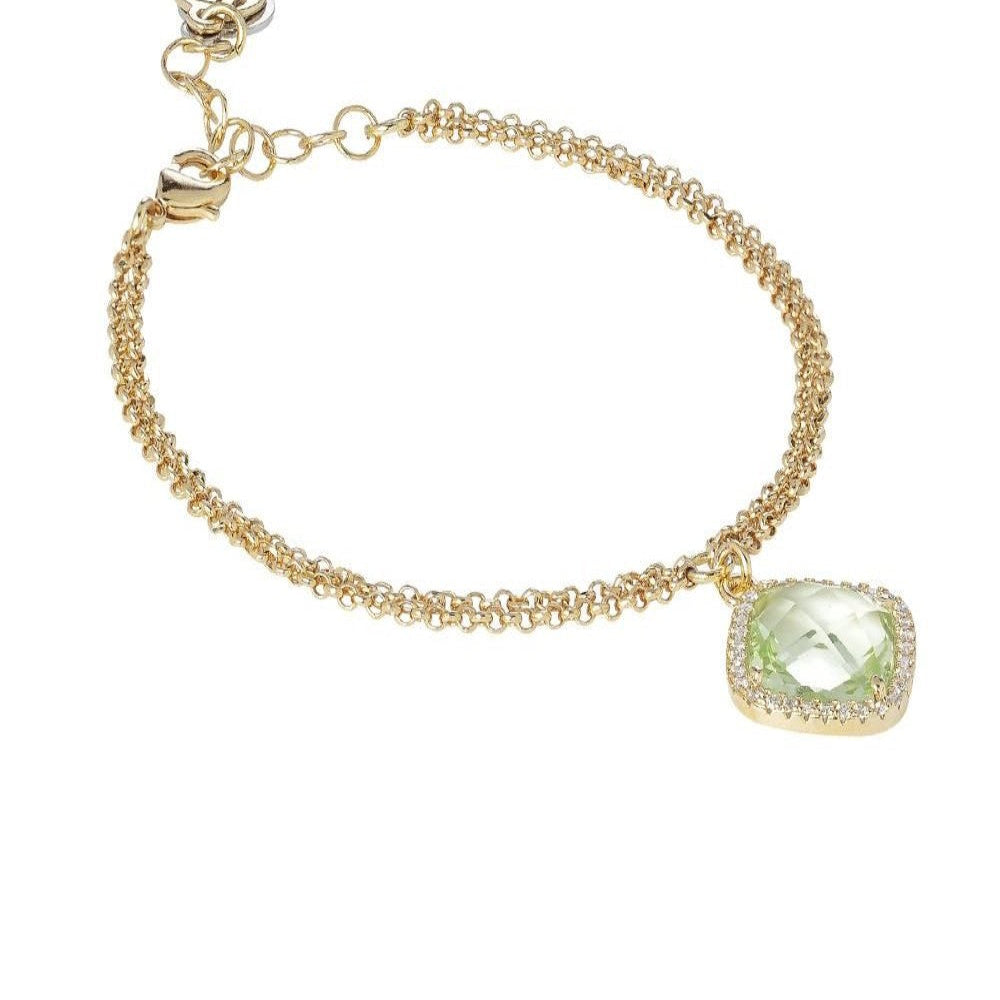 Yellow gold plated double chain bronze bracelet featuring sparkling cubic zirconia and a chrysolite crystal accent for a refined modern finish. Shop premium jewelry online.