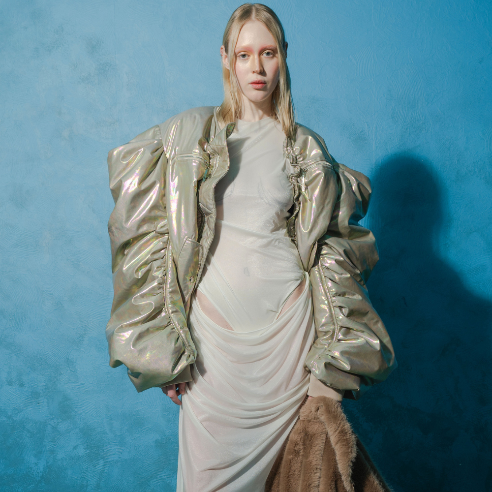 Golden Petrol Fairy Voluminous Bomber now in women store for chic looks. Shop Now!