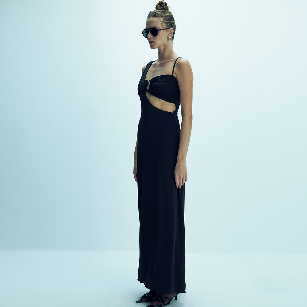 Grace Jersey Asymmetric Long Dress in Black