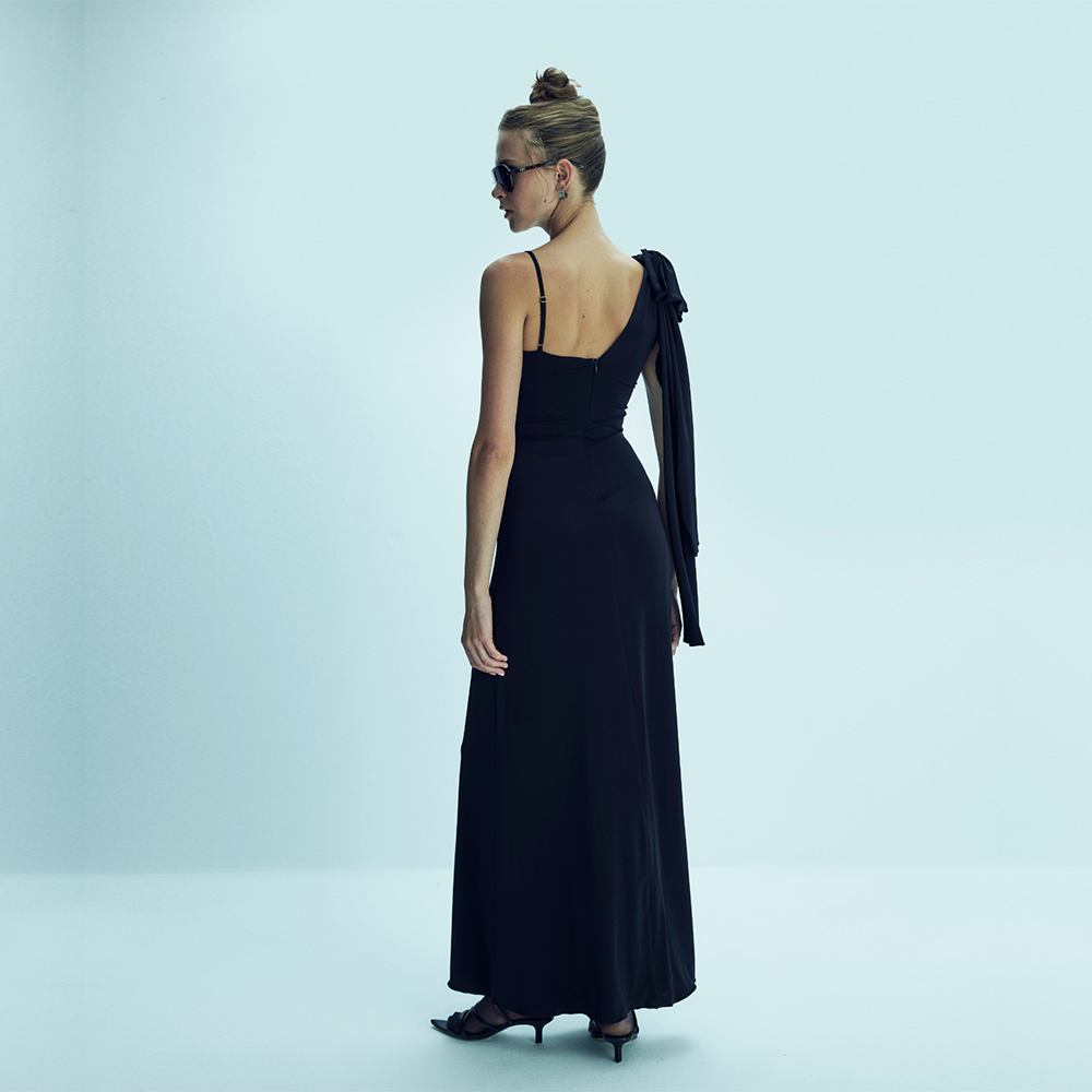 Grace Jersey Asymmetric Long Dress in Black
