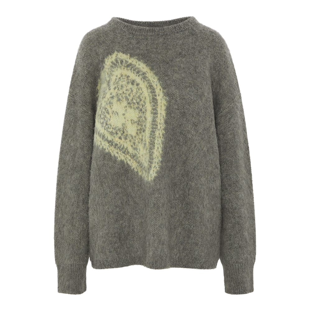 An oversized, warm and cosy mohair knit with a woven graphic heart design inspired by a vintage crochet doily.
