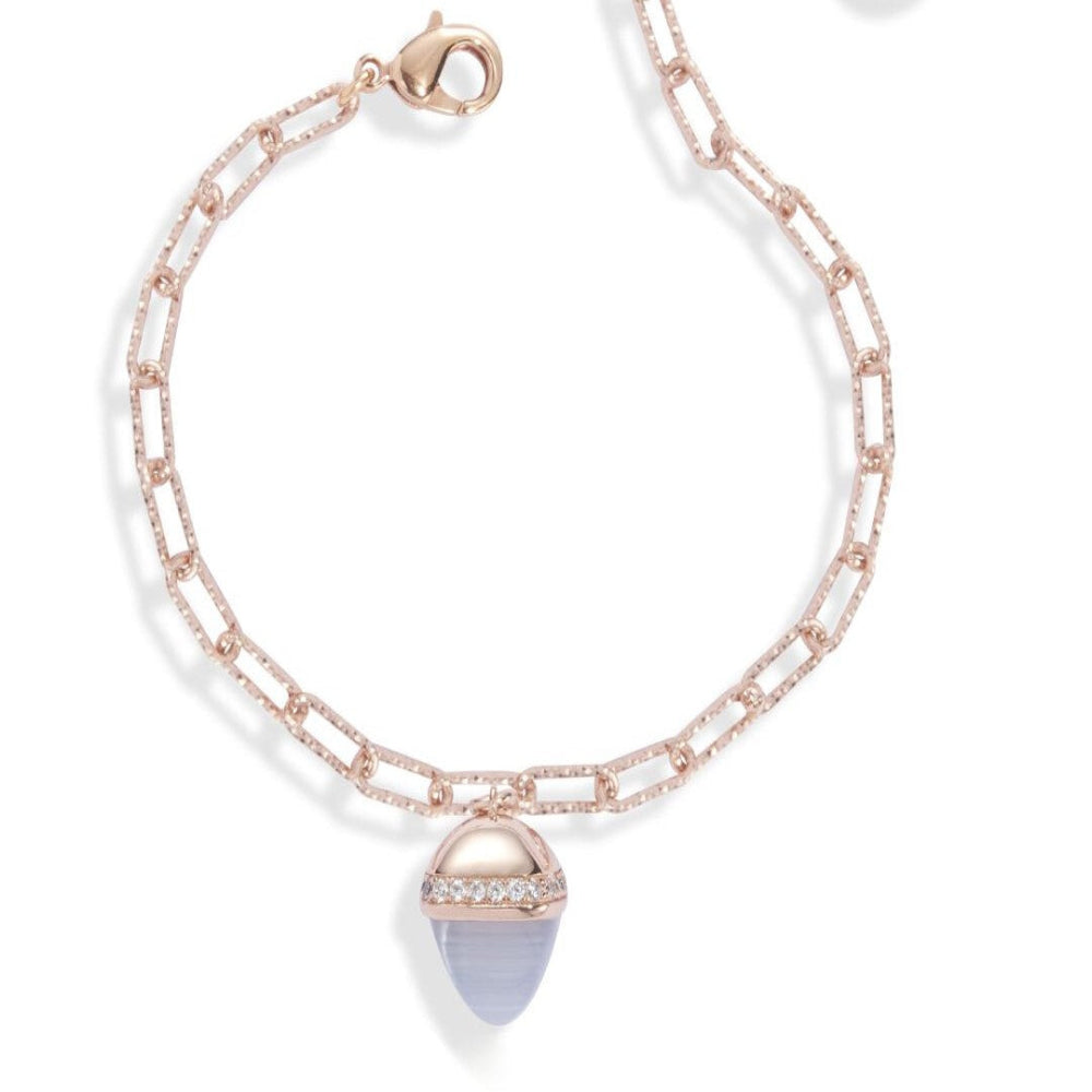 Elegant rose gold plated bracelet with a pyramid-shaped gray agate crystal pendant and sparkling cubic zirconia diamond-cut links. Shop premium jewelry online.