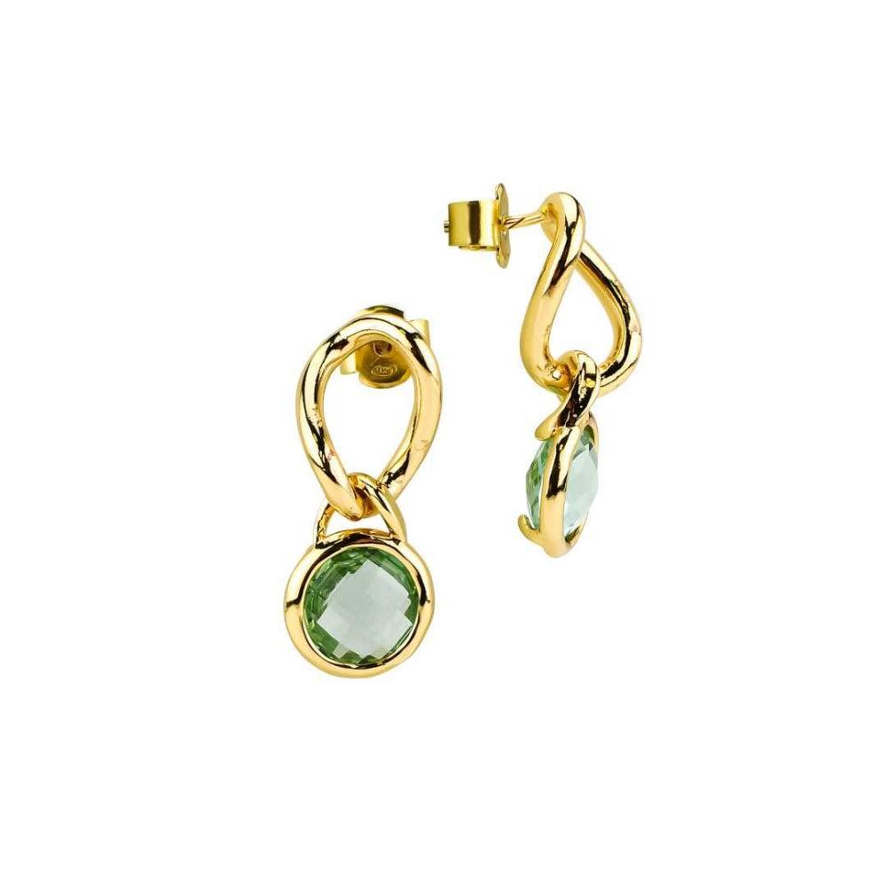 Shop online premium gold plated earrings with green amethyst crystal on curb link design for elegant everyday and occasion styling.