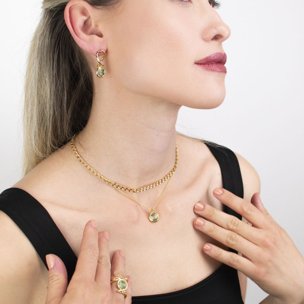 Shop online premium gold plated earrings with green amethyst crystal on curb link design for elegant everyday and occasion styling.