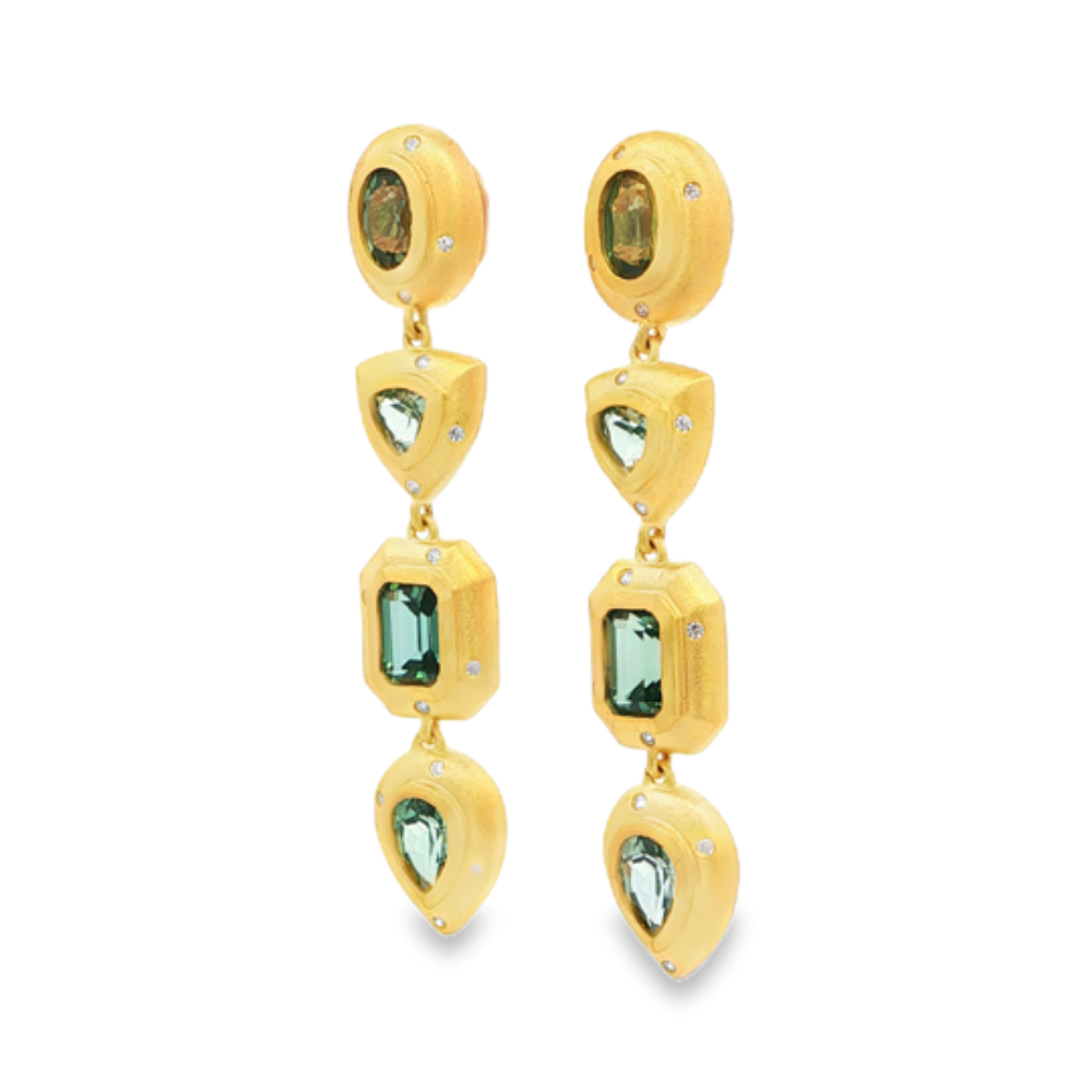 Shop online premium 18K gold shoulder duster earrings with green sapphire and CZ stones.