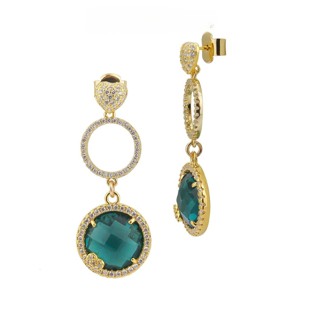 Shop online premium gold plated drop earrings with green tourmaline briolette crystal and sparkling cubic zirconia heart detailing.