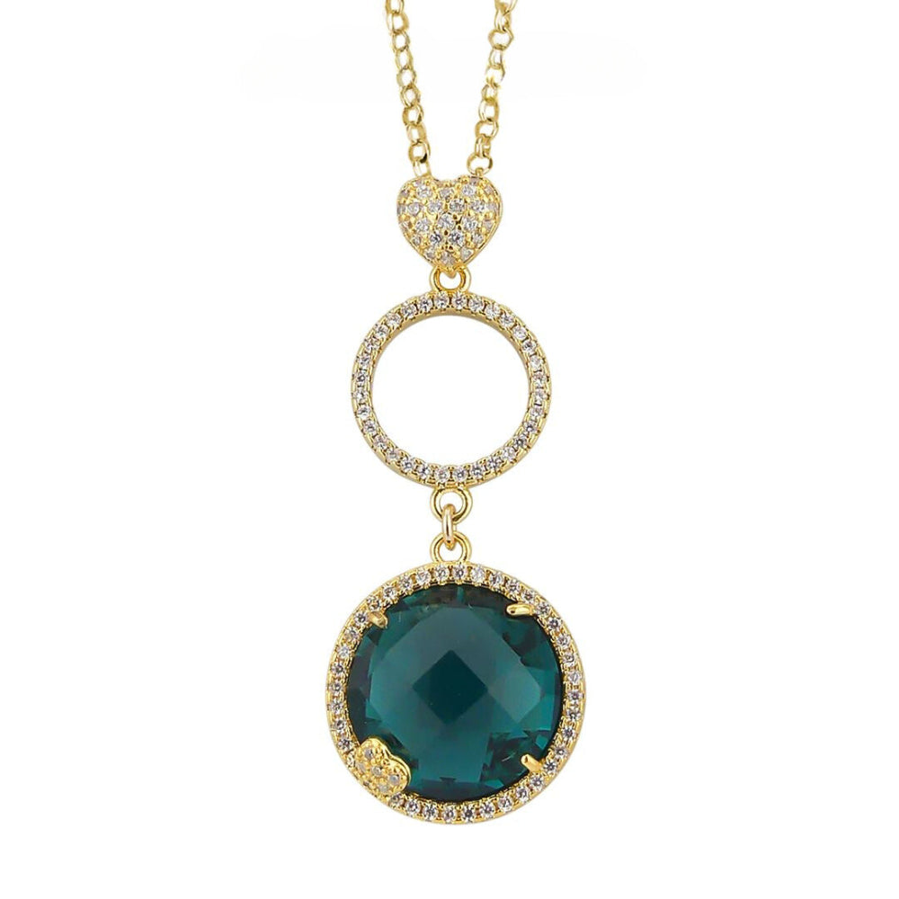 Shop online premium gold plated necklace with heart and circle CZ design and green tourmaline crystal pendant.