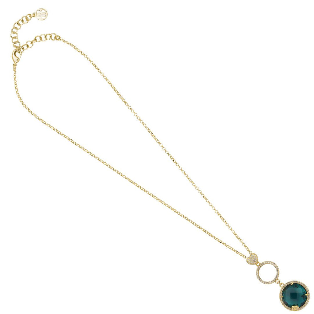 Shop online premium gold plated necklace with heart and circle CZ design and green tourmaline crystal pendant.
