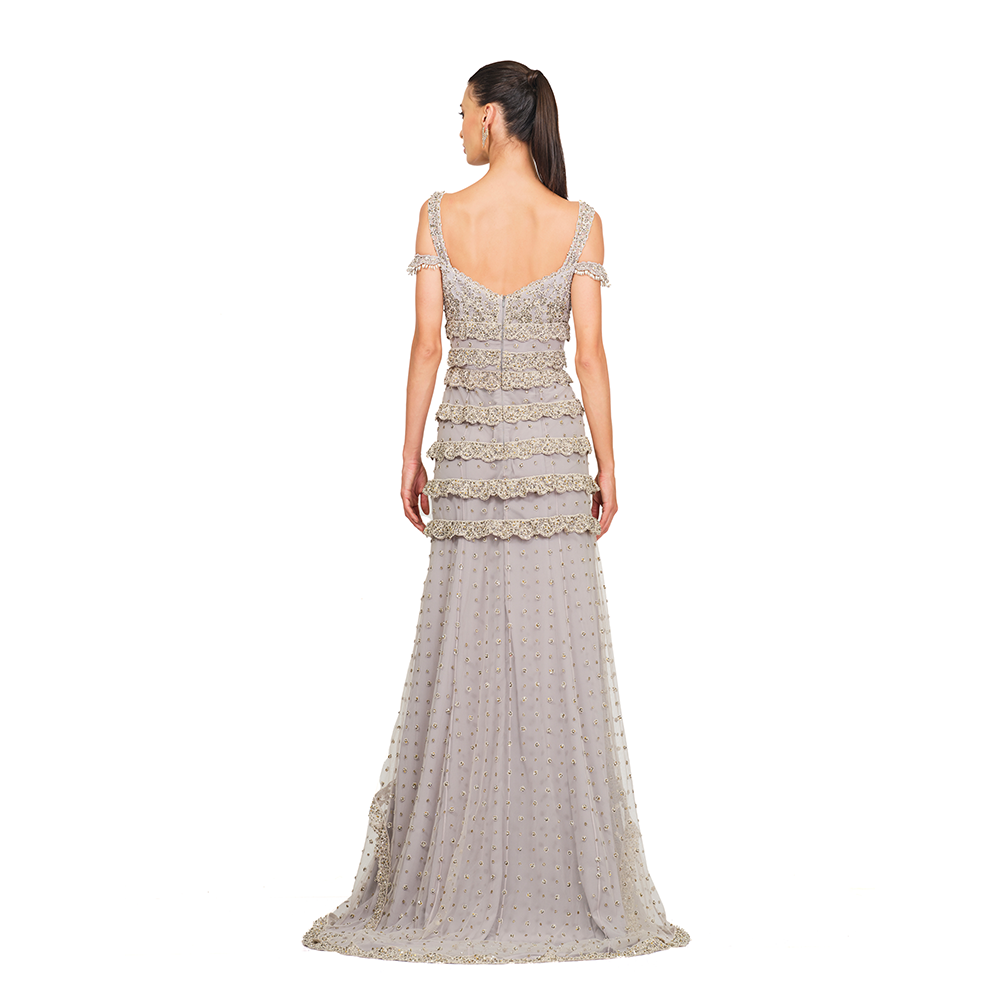 Signature Cord work l Sequin Embroidery l Sweetheart neck l Ruffle detailing on hips l Floor Sweeping trail