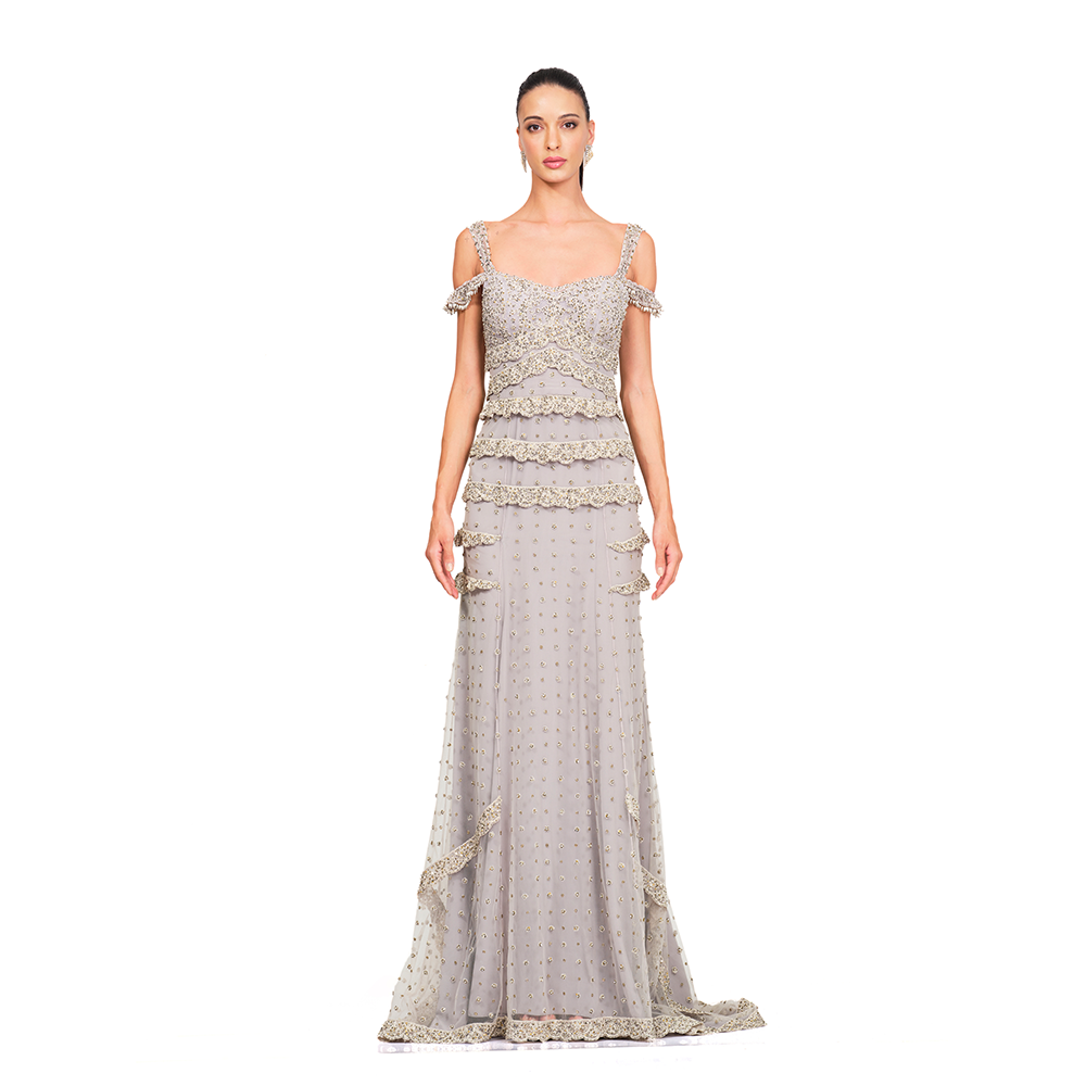 Signature Cord work l Sequin Embroidery l Sweetheart neck l Ruffle detailing on hips l Floor Sweeping trail