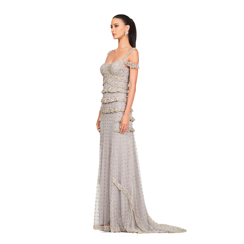 Signature Cord work l Sequin Embroidery l Sweetheart neck l Ruffle detailing on hips l Floor Sweeping trail