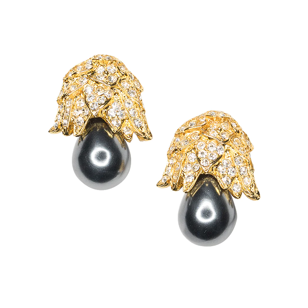 Keep up with the Kennedys in these gold and crystal pave earrings adorned with a grey pearl.