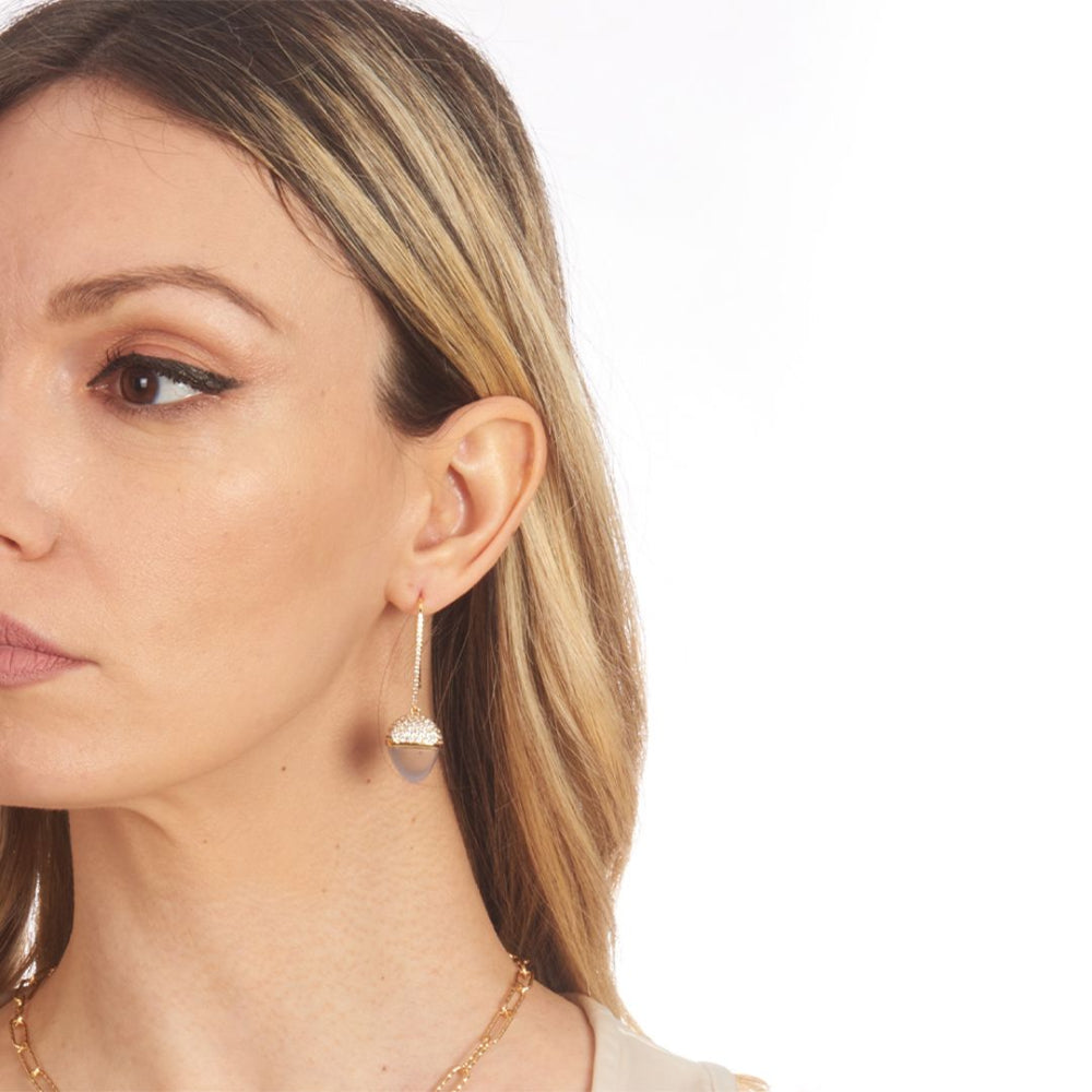 Shop online premium gold plated hook dangler earrings with grey agate pyramidal crystal and sparkling cubic zirconia accents for elegant styling.