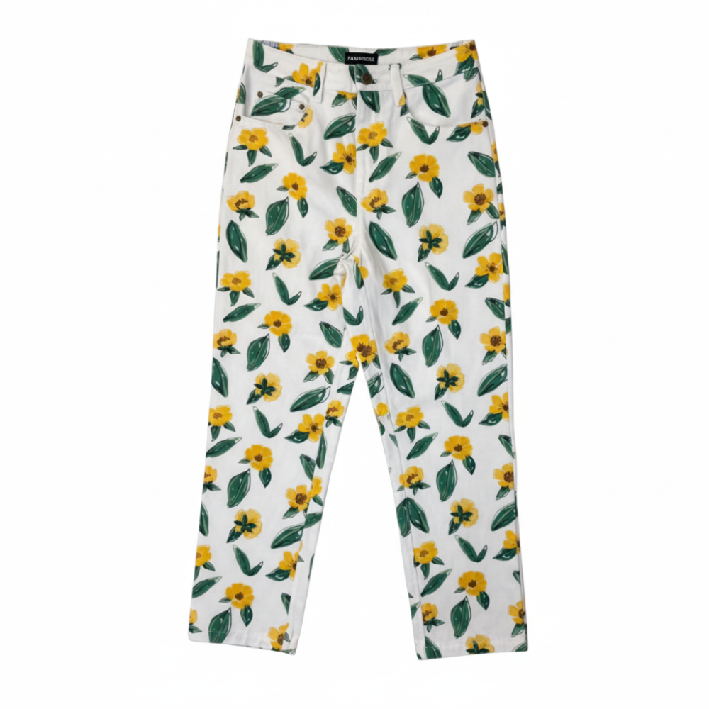 High-waisted floral denim pants in 100% recycled cotton. Shop premium styles online.