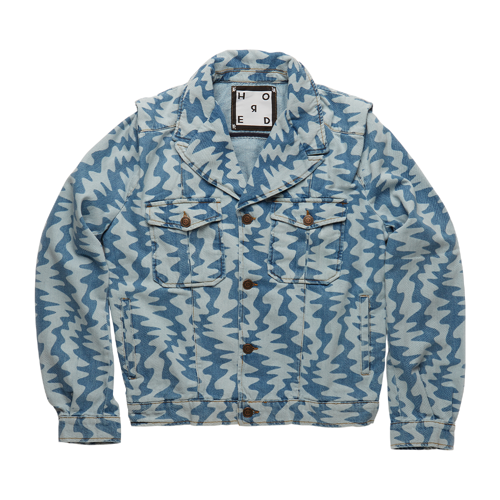 The Hatya men's light blue denim jacket is crafted in rigid denim and patterned with a contrast wavy motif.