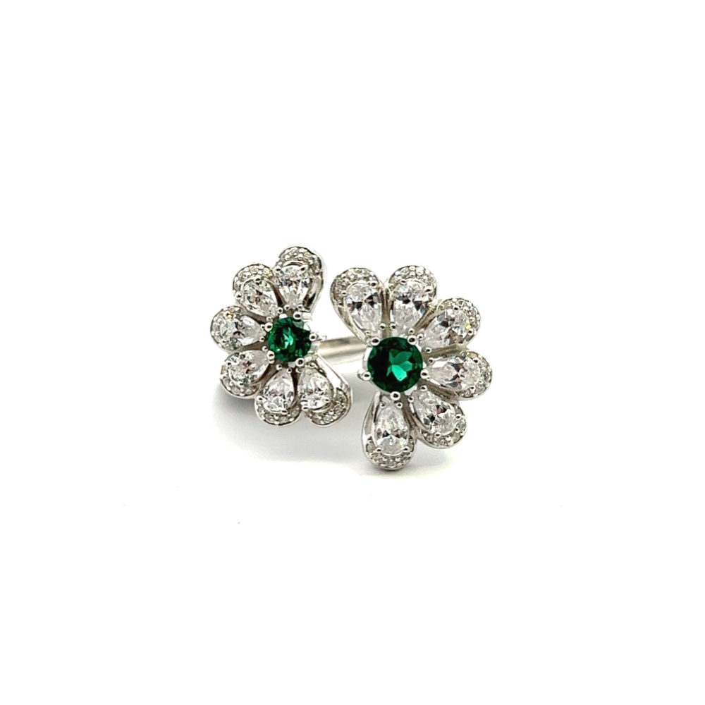 Shop online premium emerald flower ring with cubic zirconia stones in elegant sterling silver.